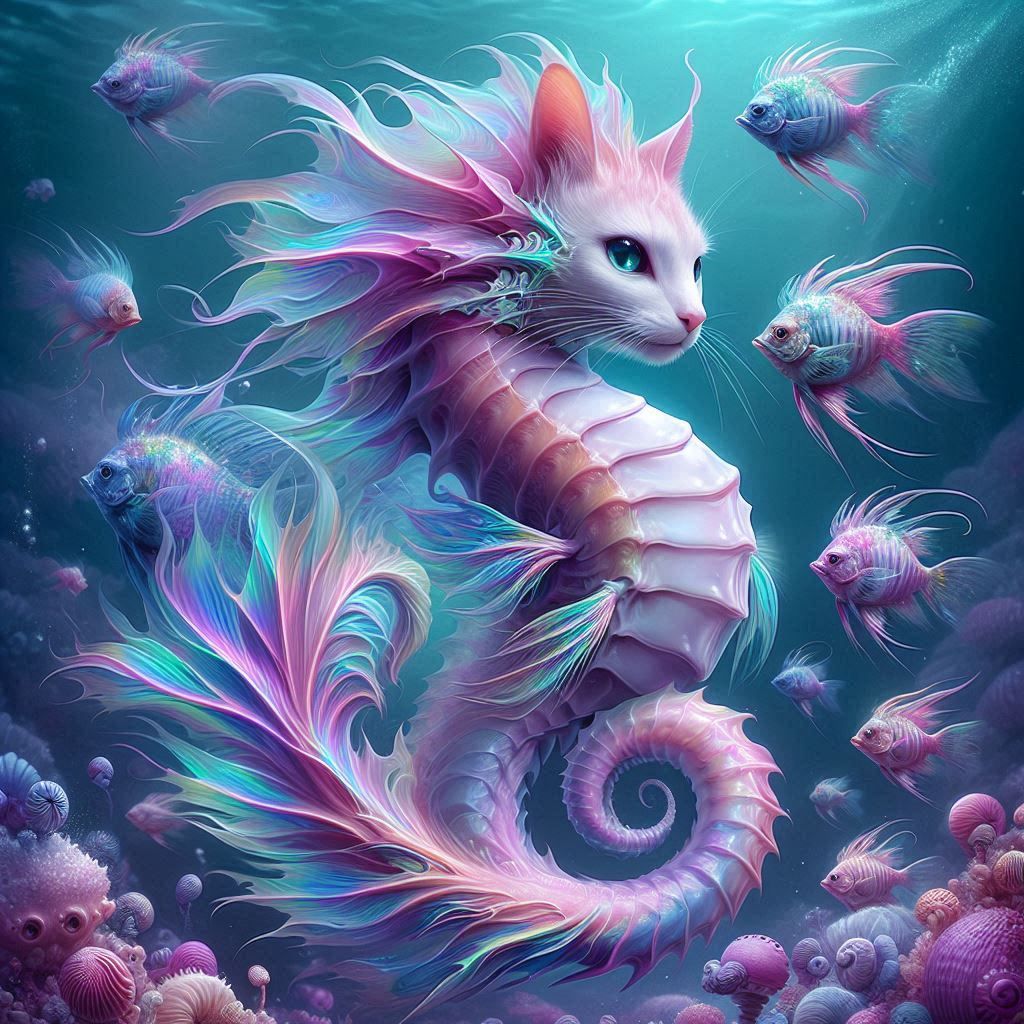 Fantasy seahorse with a cat head.