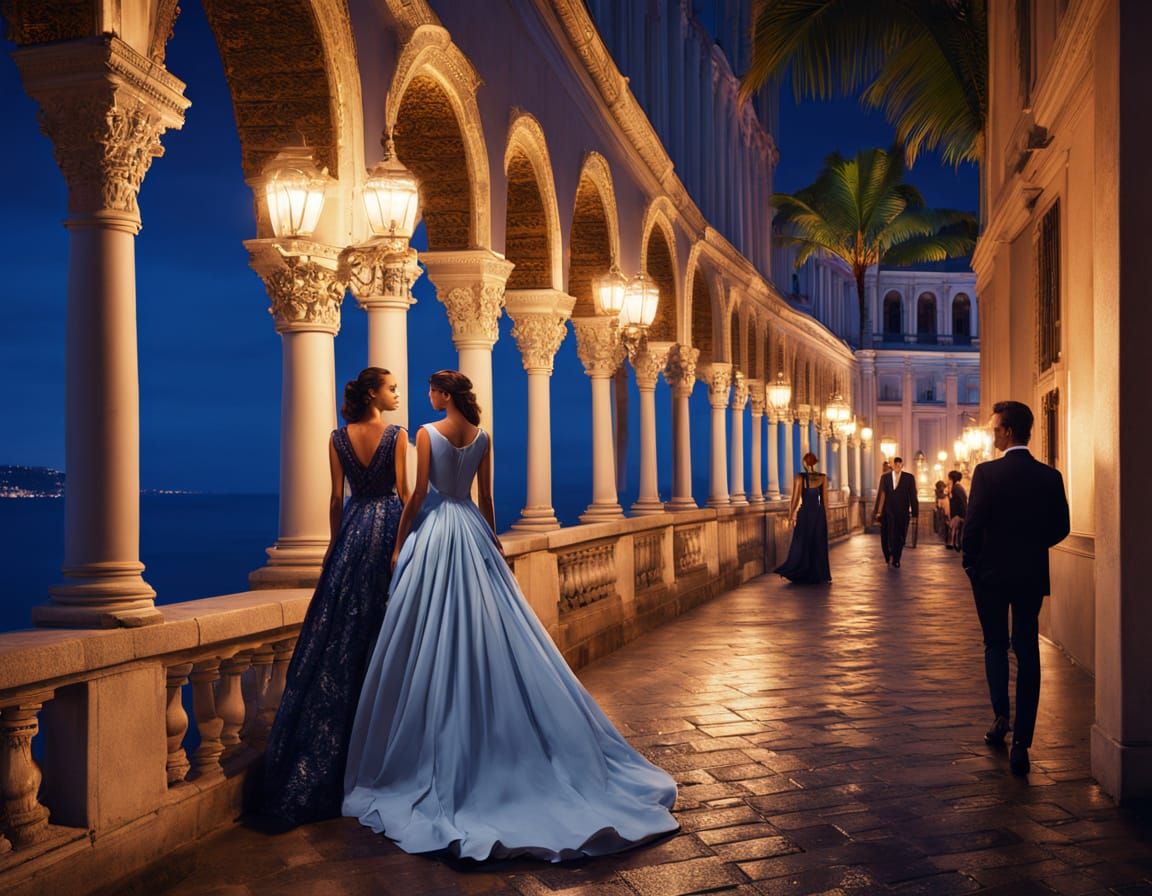 Glamorous evening party on ancient fortress battlements, two elegant women in flowing evening gowns prominently positioned, sophisticated mi...