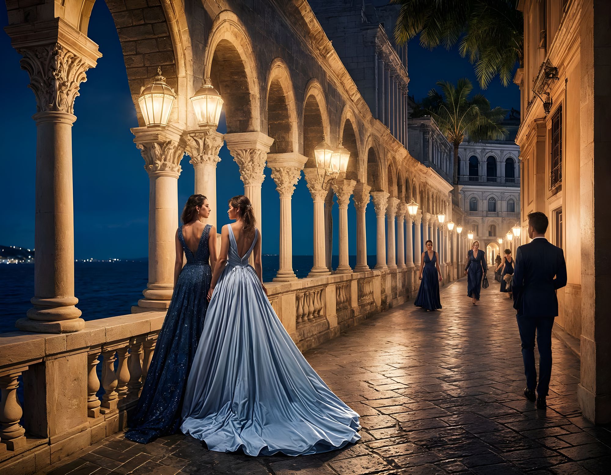 Glamorous evening party on ancient fortress battlements, two elegant women in flowing evening gowns prominently positioned, sophisticated mi...