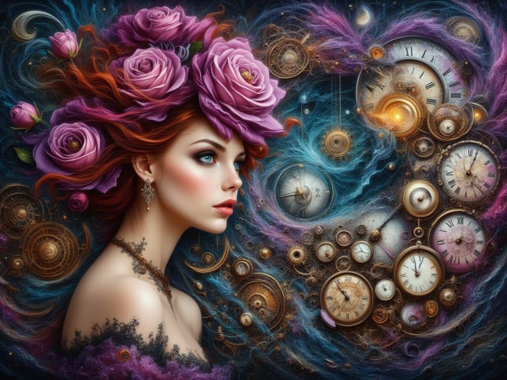 <lora:FiosTimeWarp:1.0> heavy oil scumbling layering glazing impasto, Very nice portrait of a beautiful woman with purple big rose in her s...