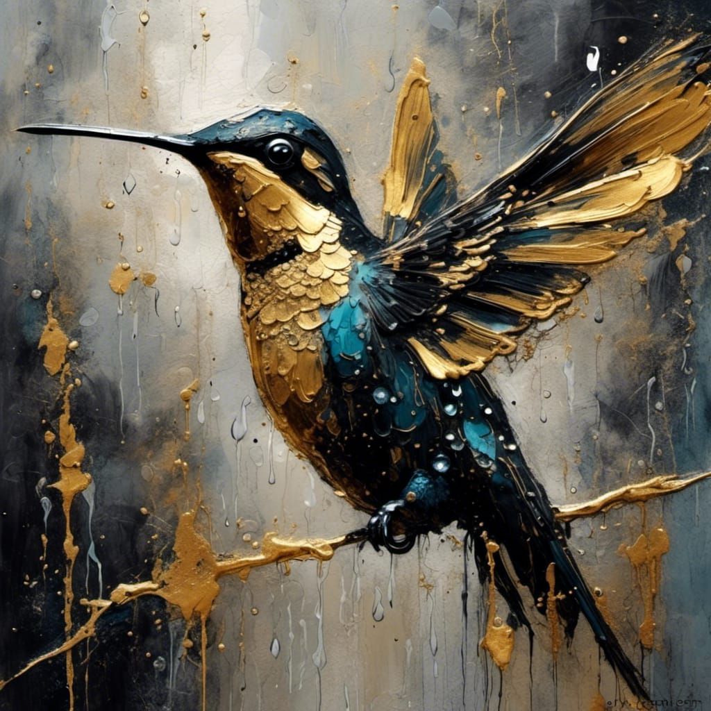 Black Gold Hummingbird in Rain, Surreal Ink Art