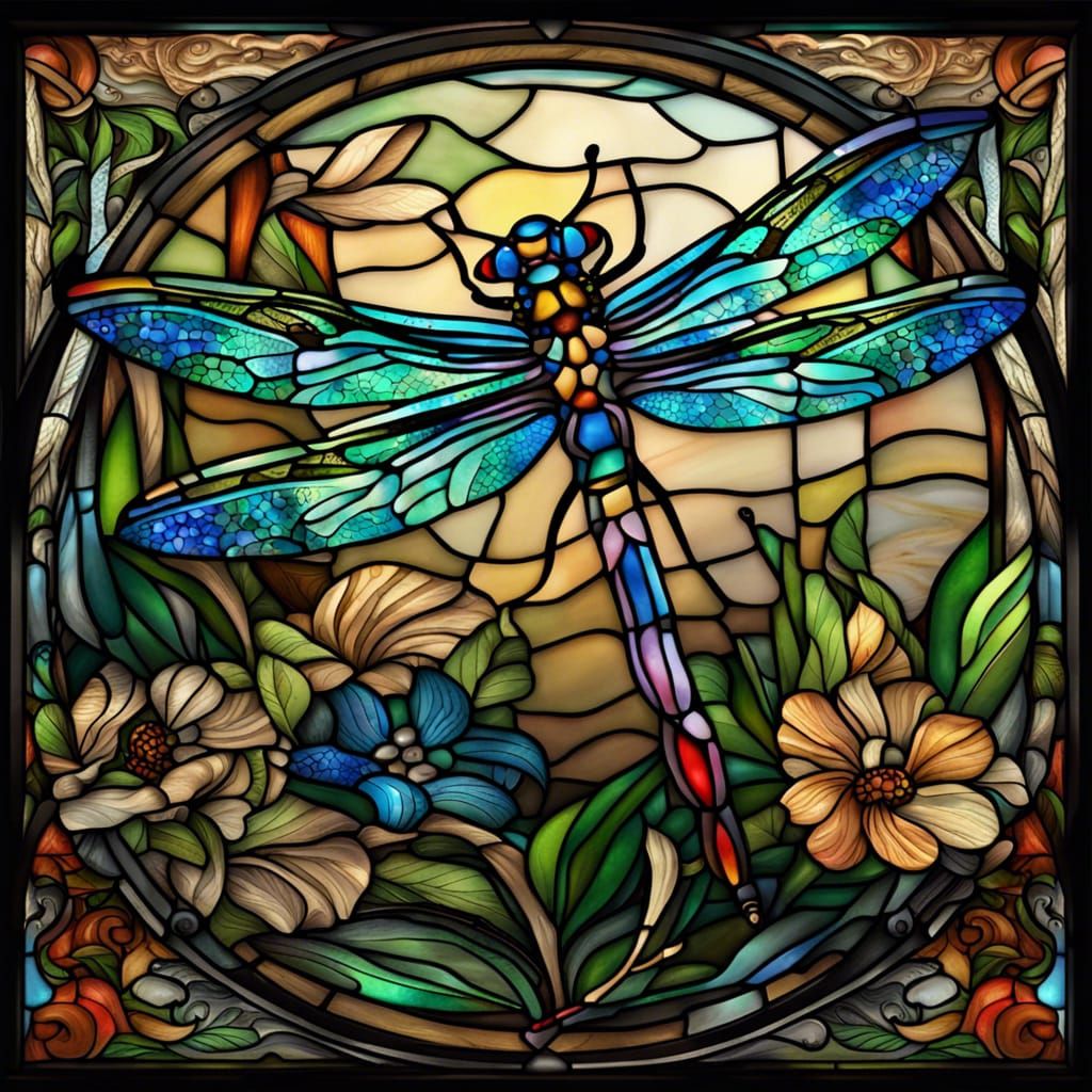 stained glass image of "a beautiful dragonfly flying  in the garden, side view image of dragonfly, symmetrical, ...  by @Adriana