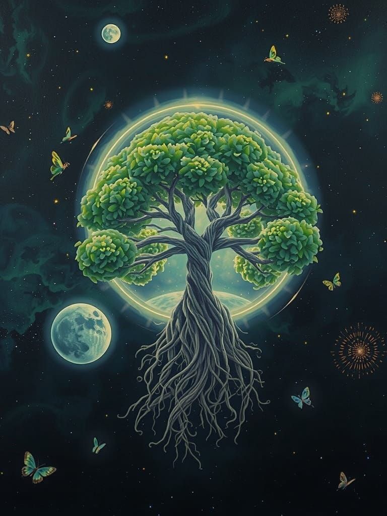 Green where you least expect it.
A lone, majestic tree drifting through the vast darkness of deep space, a self-contained biosphere 