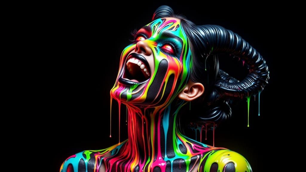 <lora:Melting Colors:1.0> on a plain black background Melting demonic woman’s face — wide, crazed smile stretching unnaturally, glowing eyes...