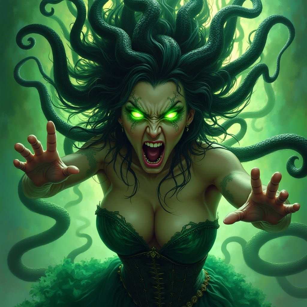 Enraged greeneyed Medusa, eyes burning in anger as she is screaming in fury, with visible sound waves as distorted shock...