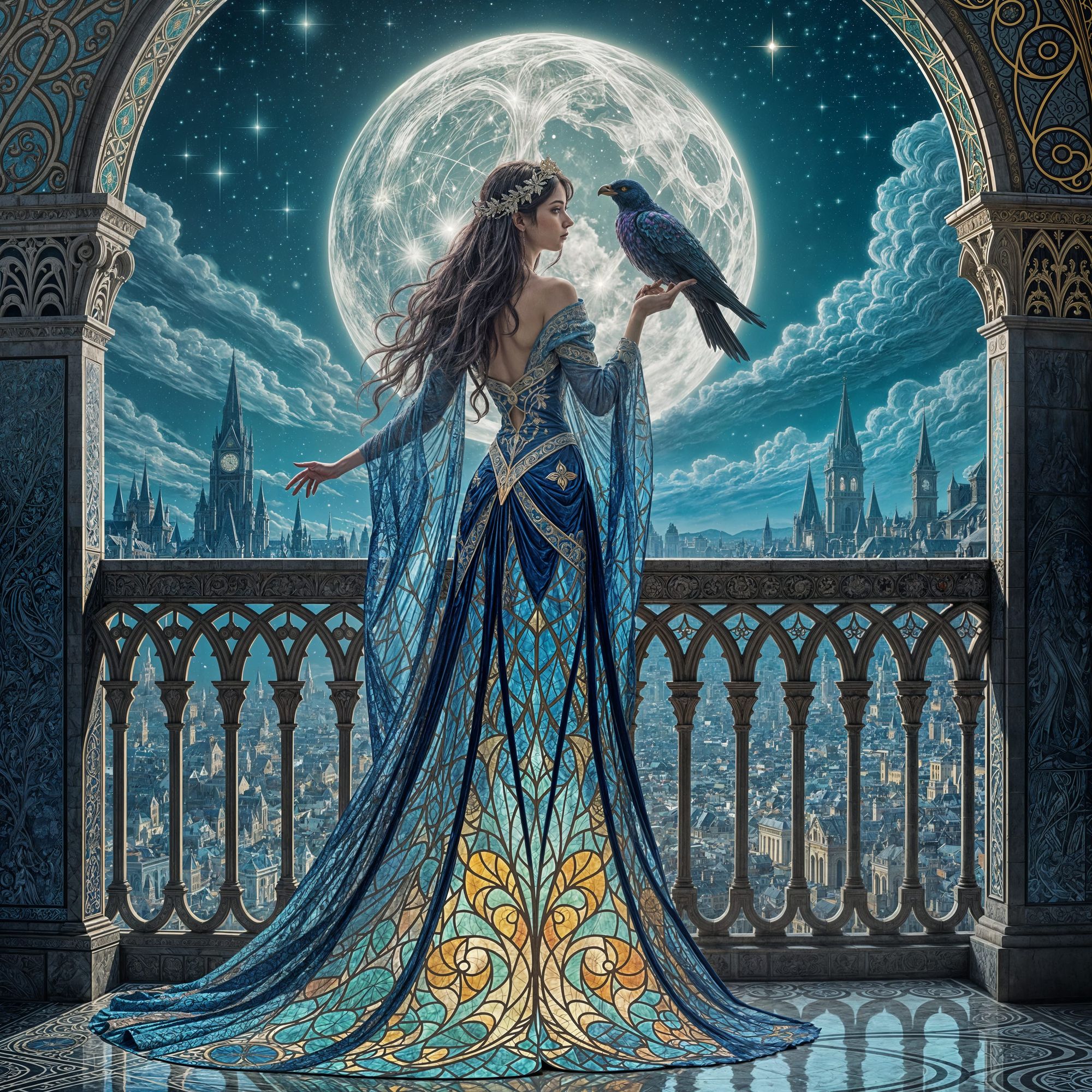 A regal sorceress stands on a balcony overlooking a city, her gown crafted from intricate, shimmering stained glass panels that refract the ...