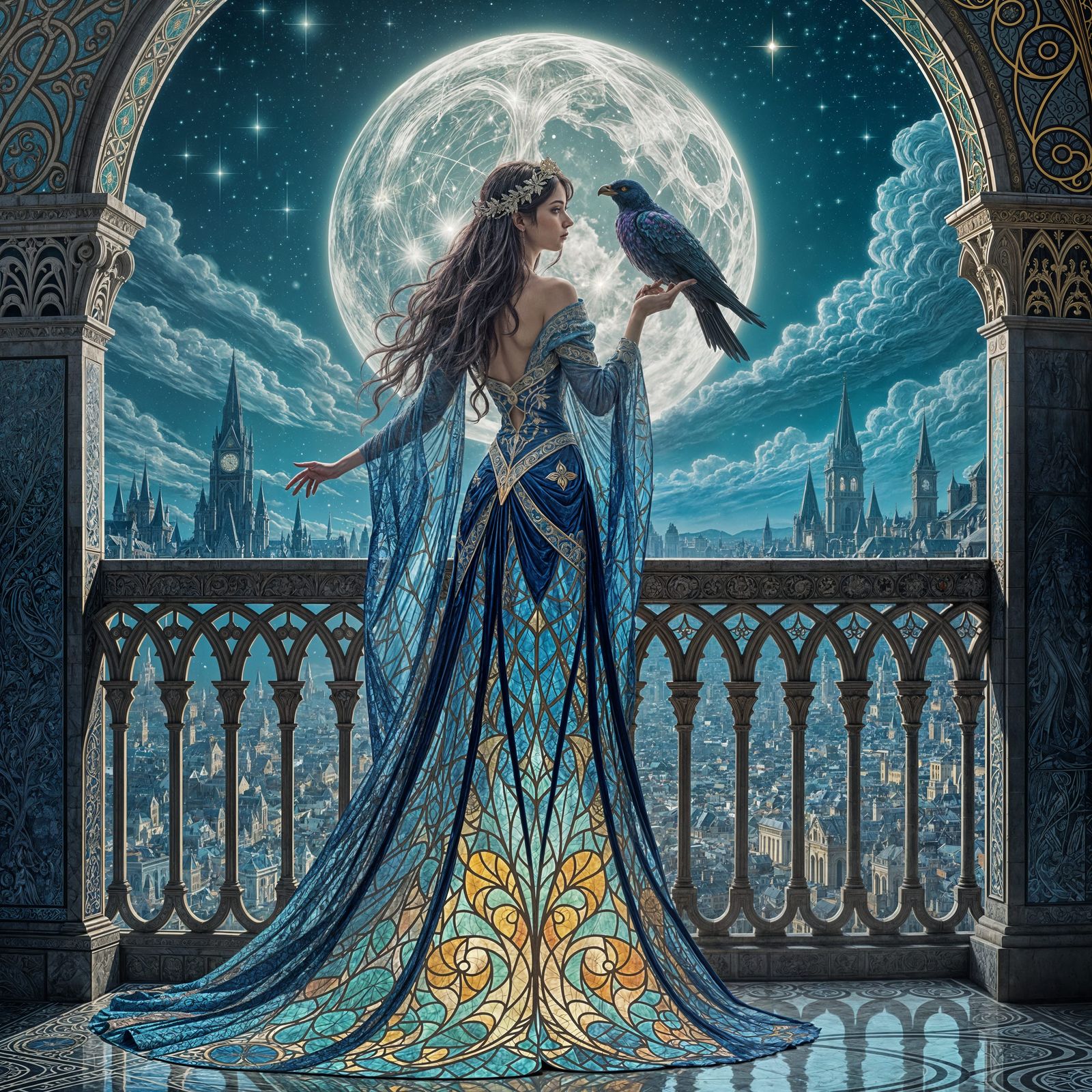 A regal sorceress stands on a balcony overlooking a city, her gown crafted from intricate, shimmering ...  by @Krispy