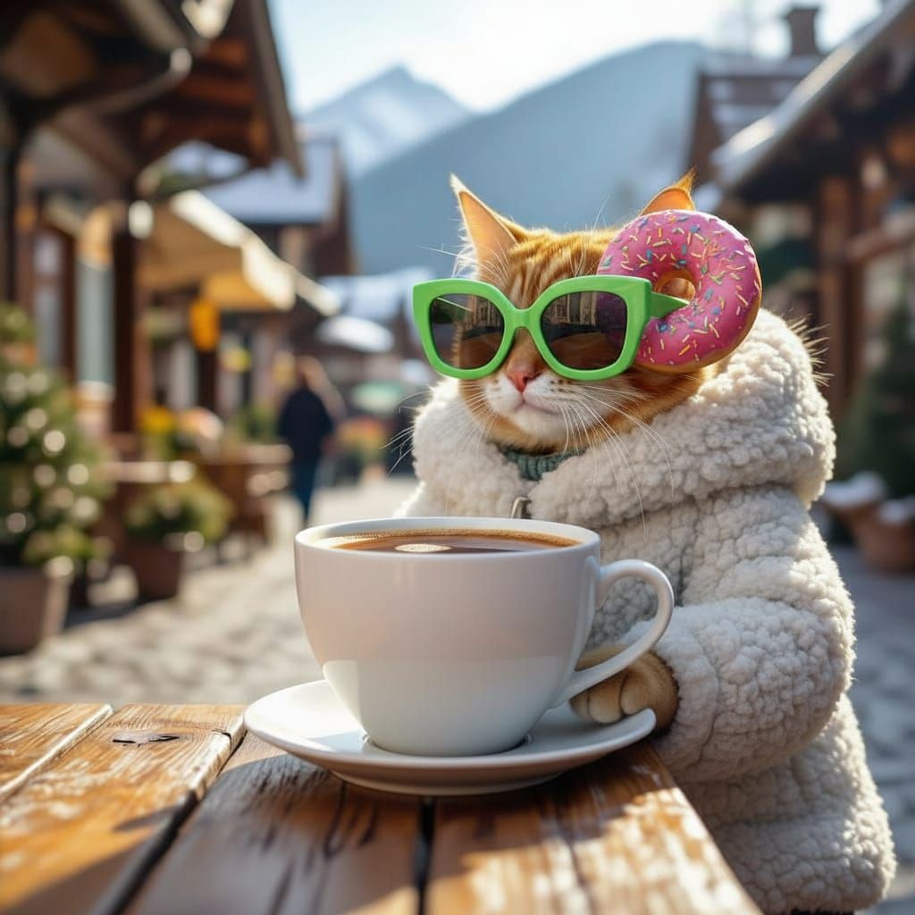 Žuti mačak ginger, sa sunčanim naočalama zelene boje, sjajne dlake obasjana suncem. Obučen je u plavo rozu zimsku bundu, raskopčane sa lance...