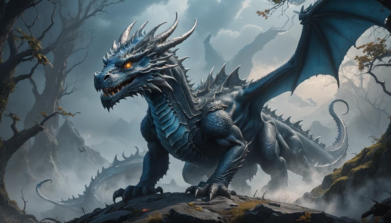 a dragon hiding behind a silvery blue fog. Only the muzzle a...