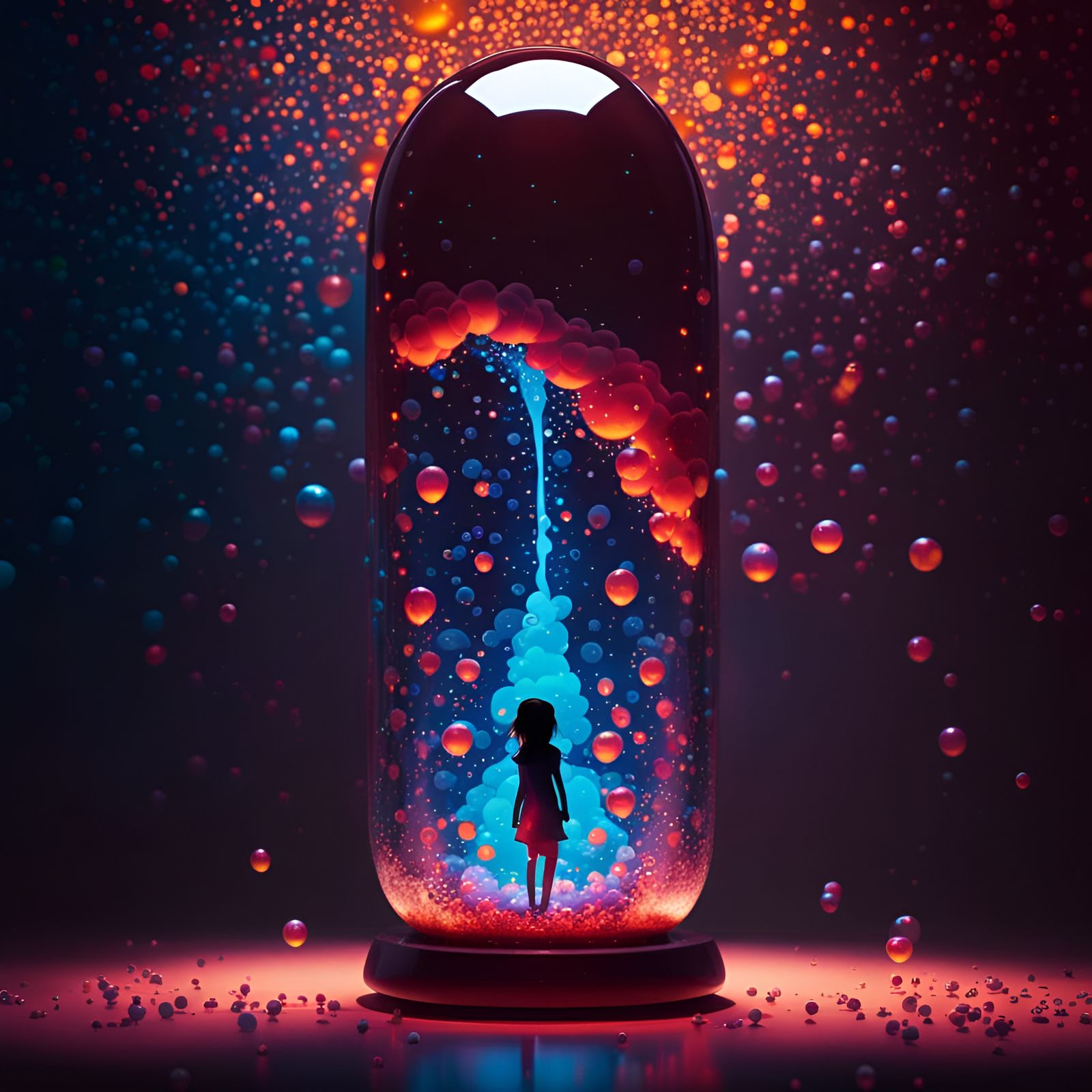 Beautiful bubbly Lava lamp containing a girl inside, world in lava lamp seen from afar, beautiful light ...  by @Tgr22
