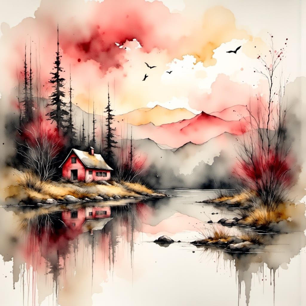 <lora:Watercolour Whispers:1.0> Watercolour painting on aged canvas. House built on a lake shore Beautiful mountains with wispy clouds at th...