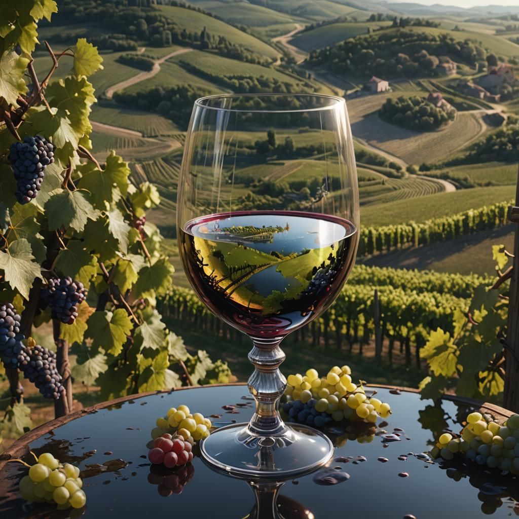 A large wine goblet in which a vineyard is reflected
