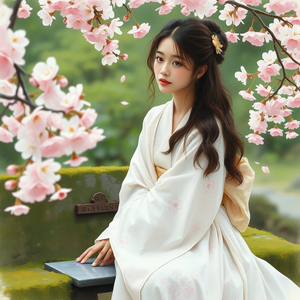 Sakura Blossoms and Serene Woman: Impressionistic Style