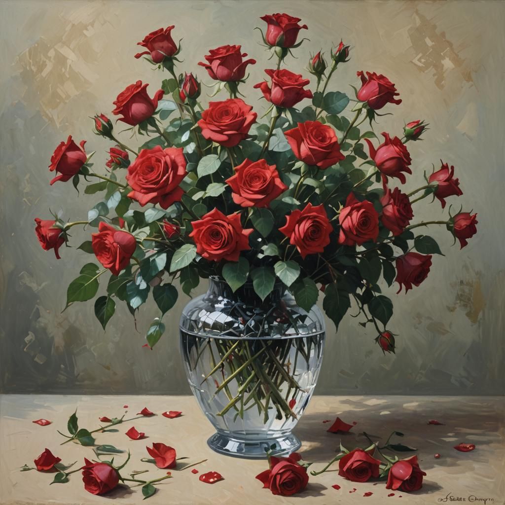 A crystal vase with a dozen red roses