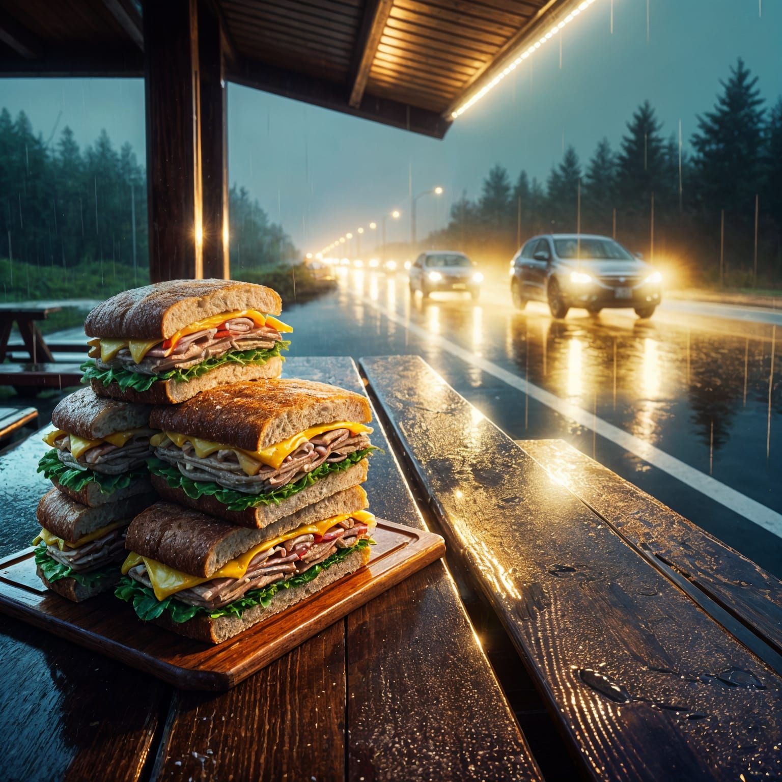 Rainy highway rest stop sandwiches look delicious.
Reflections shimmer on wet picnic table wood.
Car ...  by @KomBib