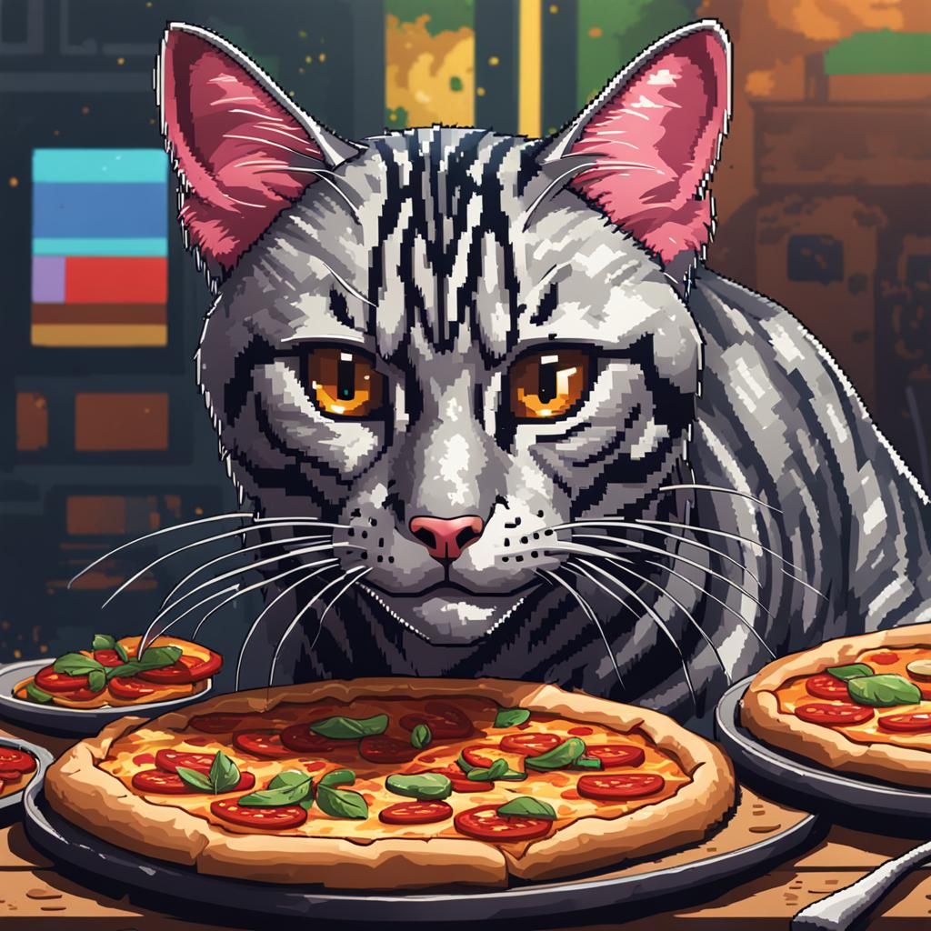 A pixel art 8 bit. Portrait of A ninja silver bengal cat. Pi...