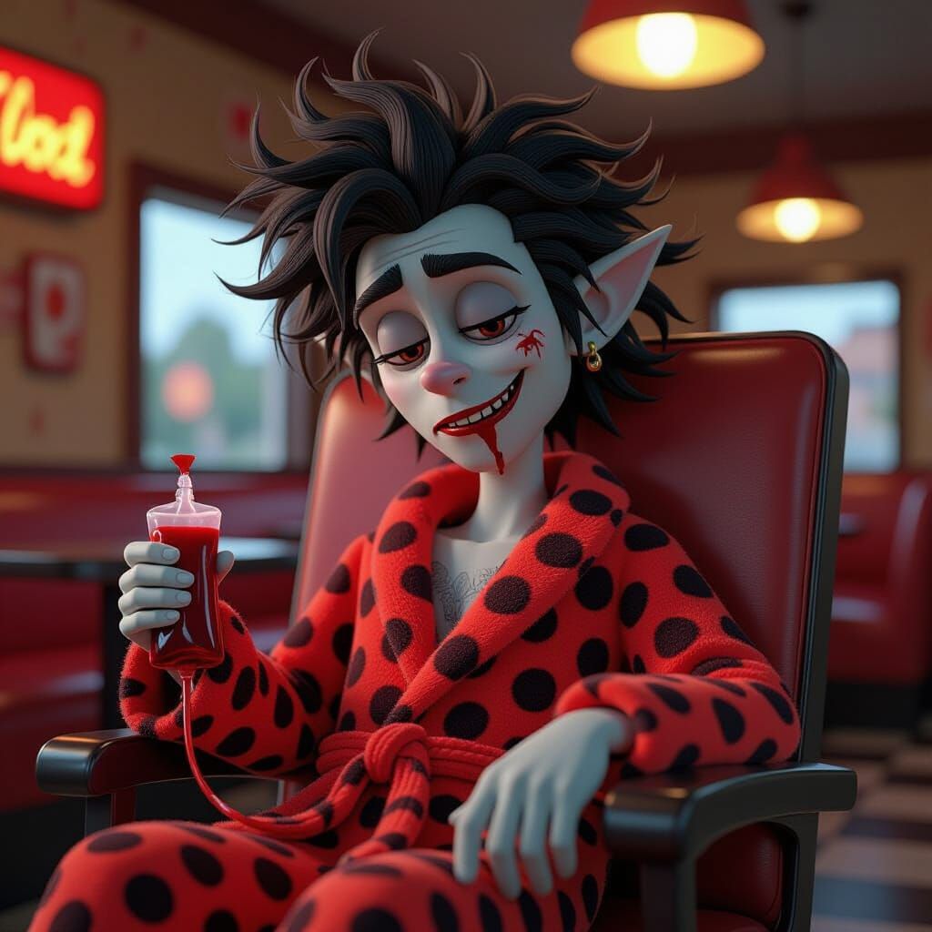 Sleepy Vampire in Leopard Robe with Blood Bag