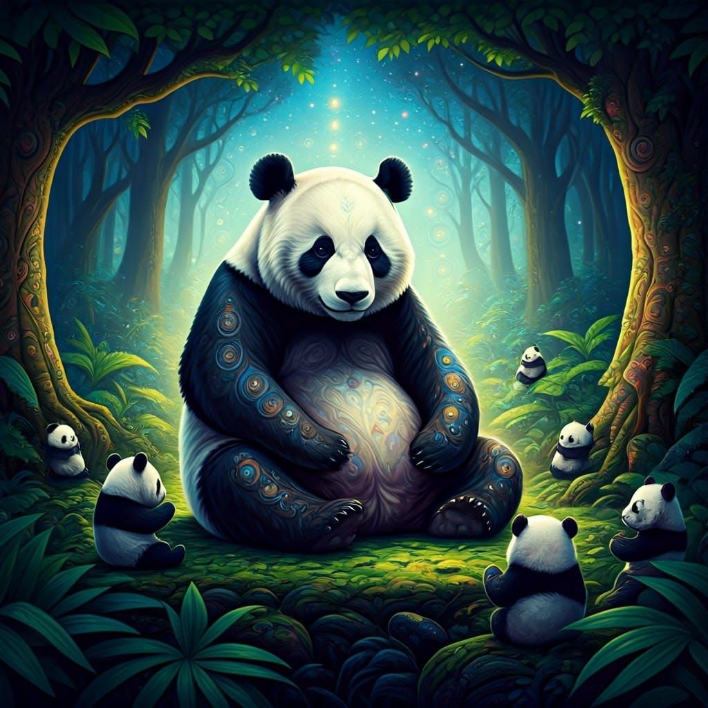 Panda Bear Family Meditating in Ethereal Forest