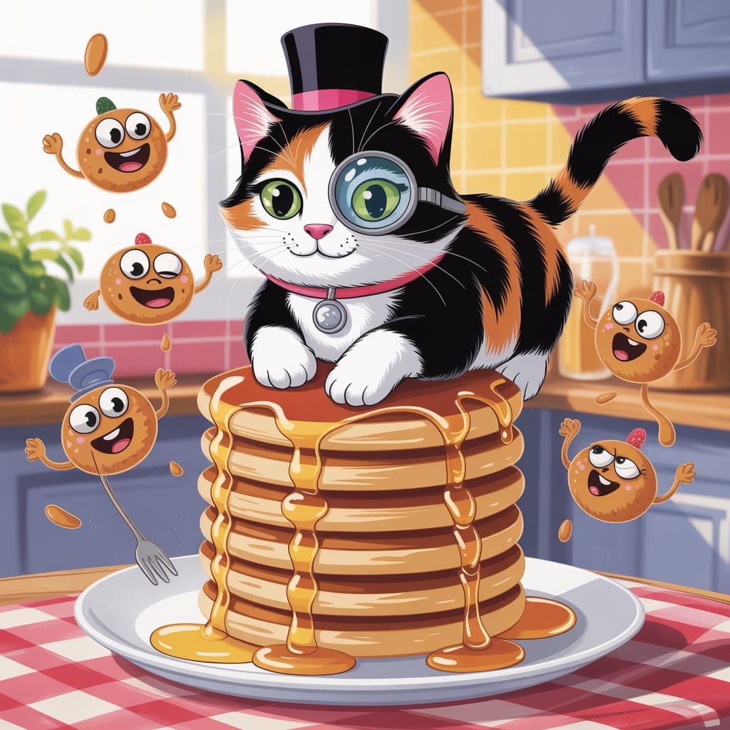 A mischievous calico cat wearing a miniature top hat and monocle, perched atop a towering stack of pancakes drizzled with syrup, surrounded ...