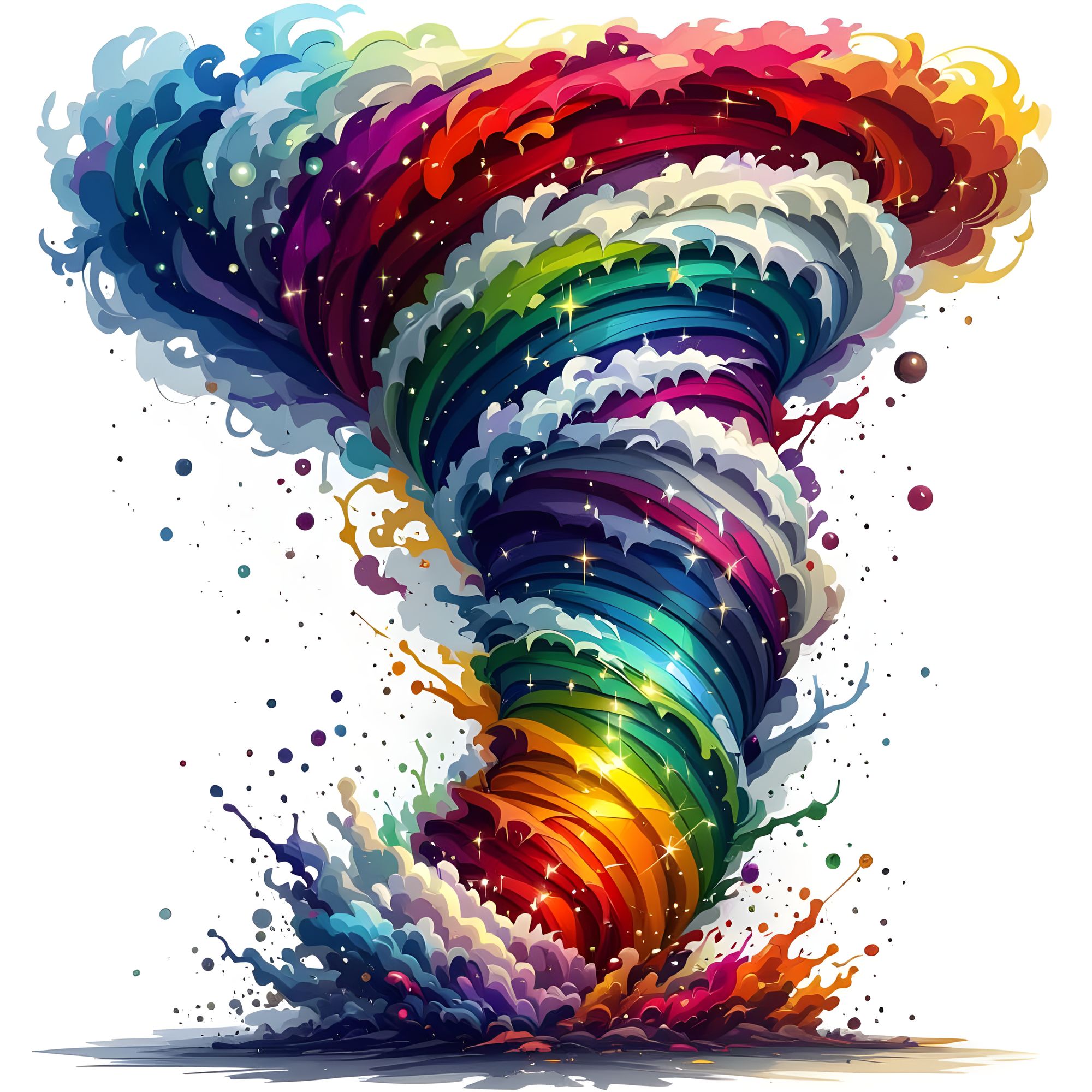 fantasy-inspired color tornado, rendered with high detail and a glowing, almost magical quality. The spiral should be composed of every colo...