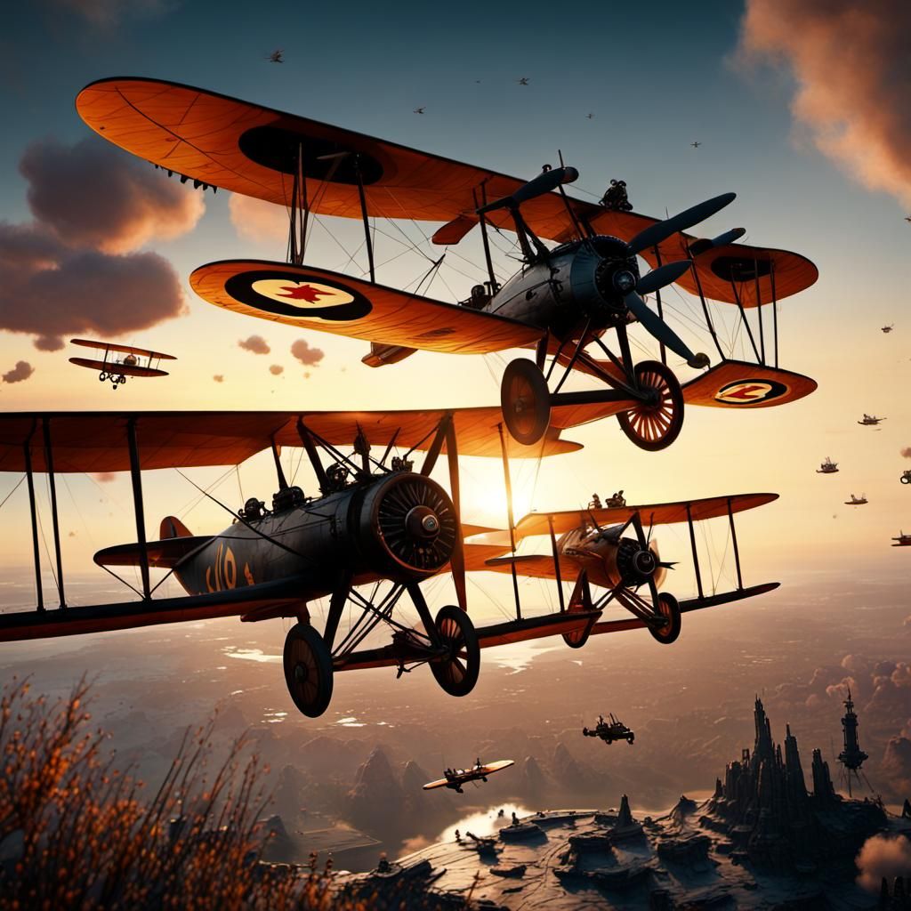 Squadron of WWI biplanes flying out of the sunset 