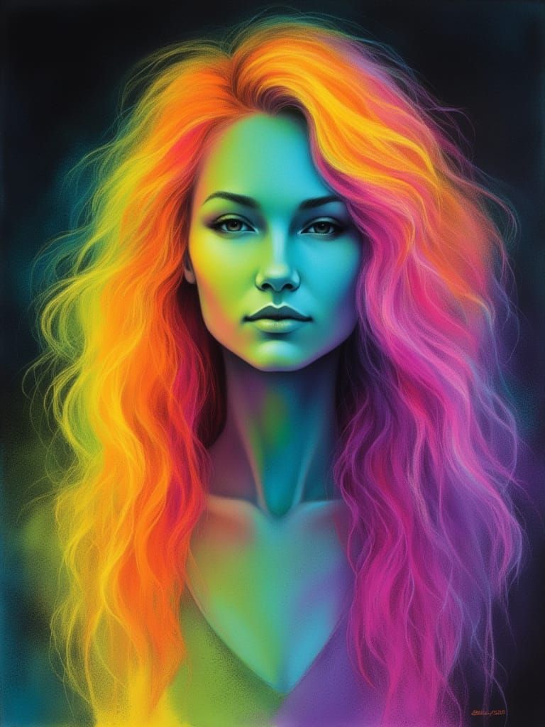 <lora:Neon chalk:1.0> <lora:Archetypal Images:1.0> euphoric female full body length, neon chalk yellow and neon green hair, neon pink, orang...