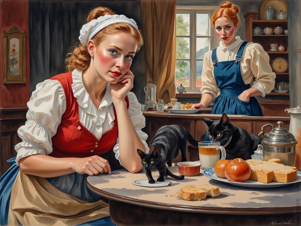 Old Woman Inspects Boy in Cage in Rustic Kitchen