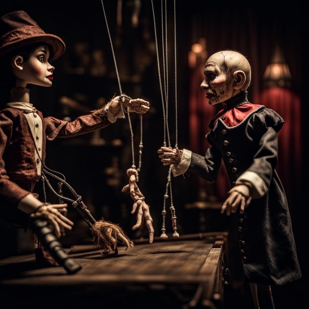 A Marionette looking at the puppeteer, in an sinister, horror like ...