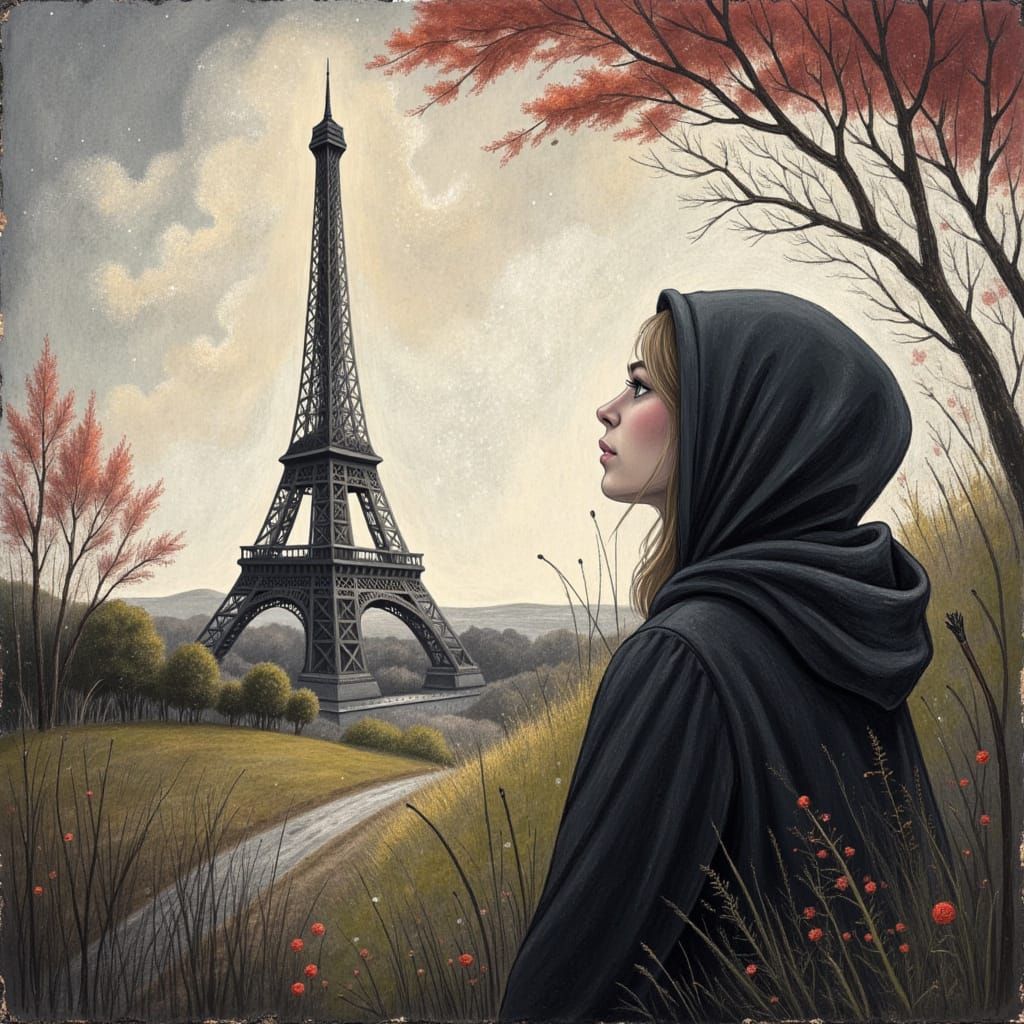 realistic young modern woman with hoodie looking at the Eiffel Tower in an expressionist encaustic painting by Stewart Edmondson :: Peter Do...
