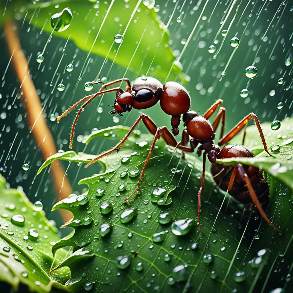 intensely detailed hypercloseup ant hiding under a leaf, ant under giant leaf, to escape giant drops ...  by @Dr_Strange