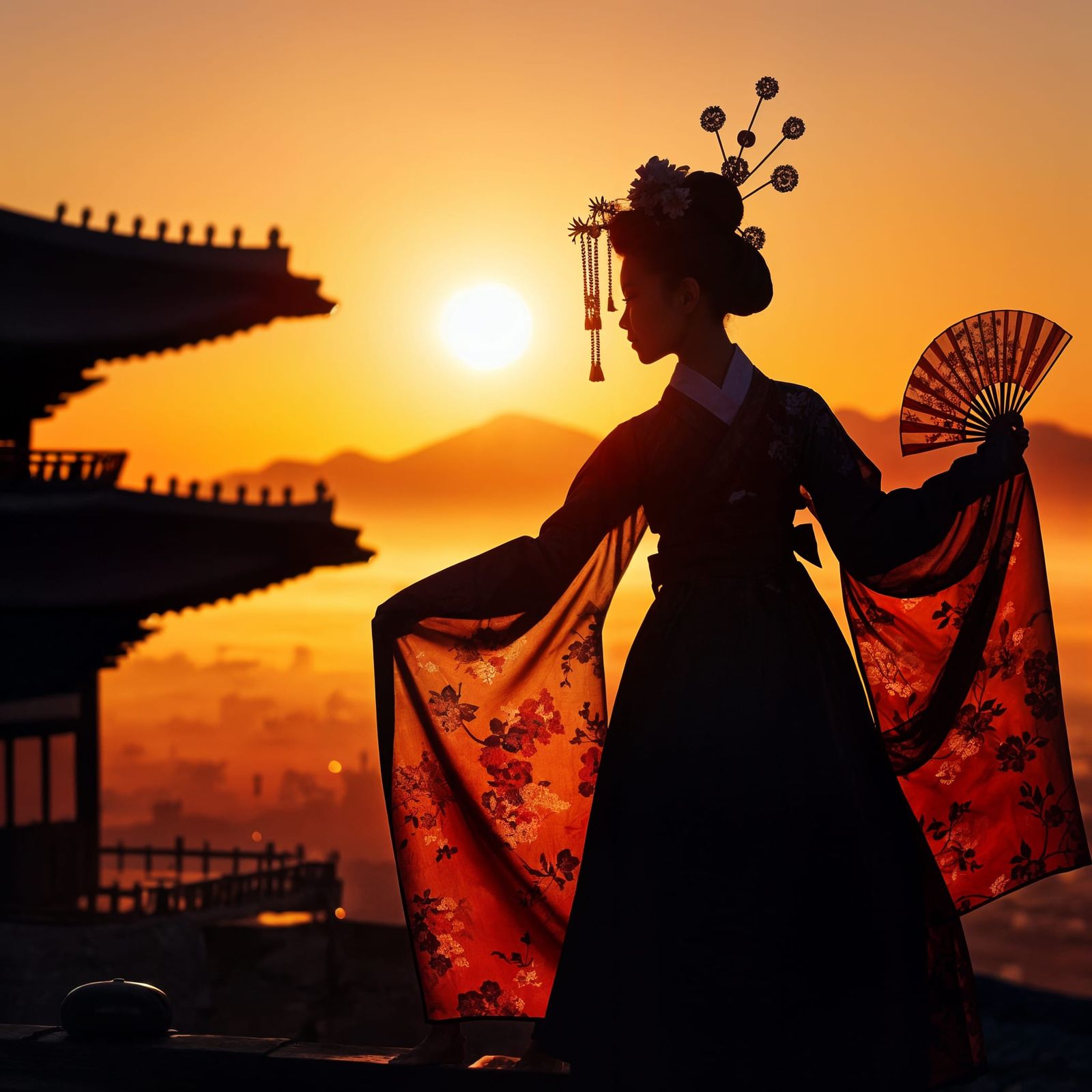 Silhouette of a Gisaeng dancing against a sunset background