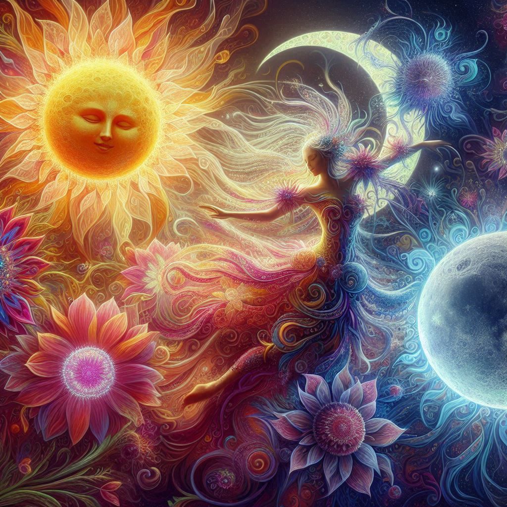 woman dances among vibrant flowers made from sun and moon elements