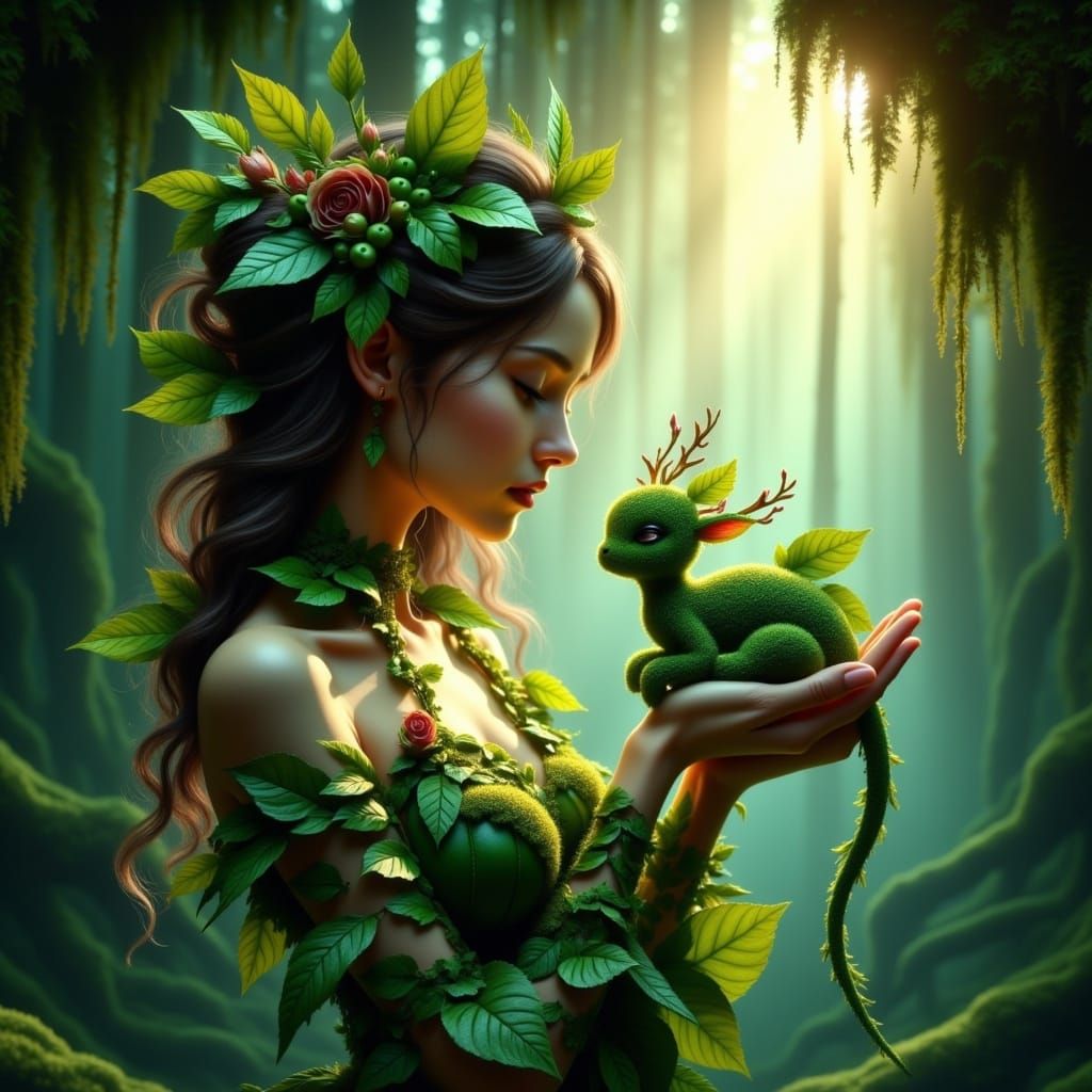 A delicate, fantasy creature composed of lush, leafy-green foliage, rests serenely in the light-skinned woman's hand. The woman with brown, ...