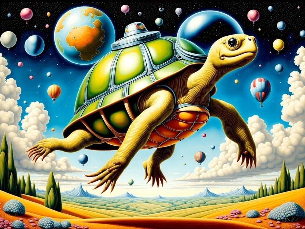 Pop surrealism. Anthropomorphic Turtle in space suit with Helmet floating in space. Watercolor_painting. Dynamic pose. Bright vivid positive...