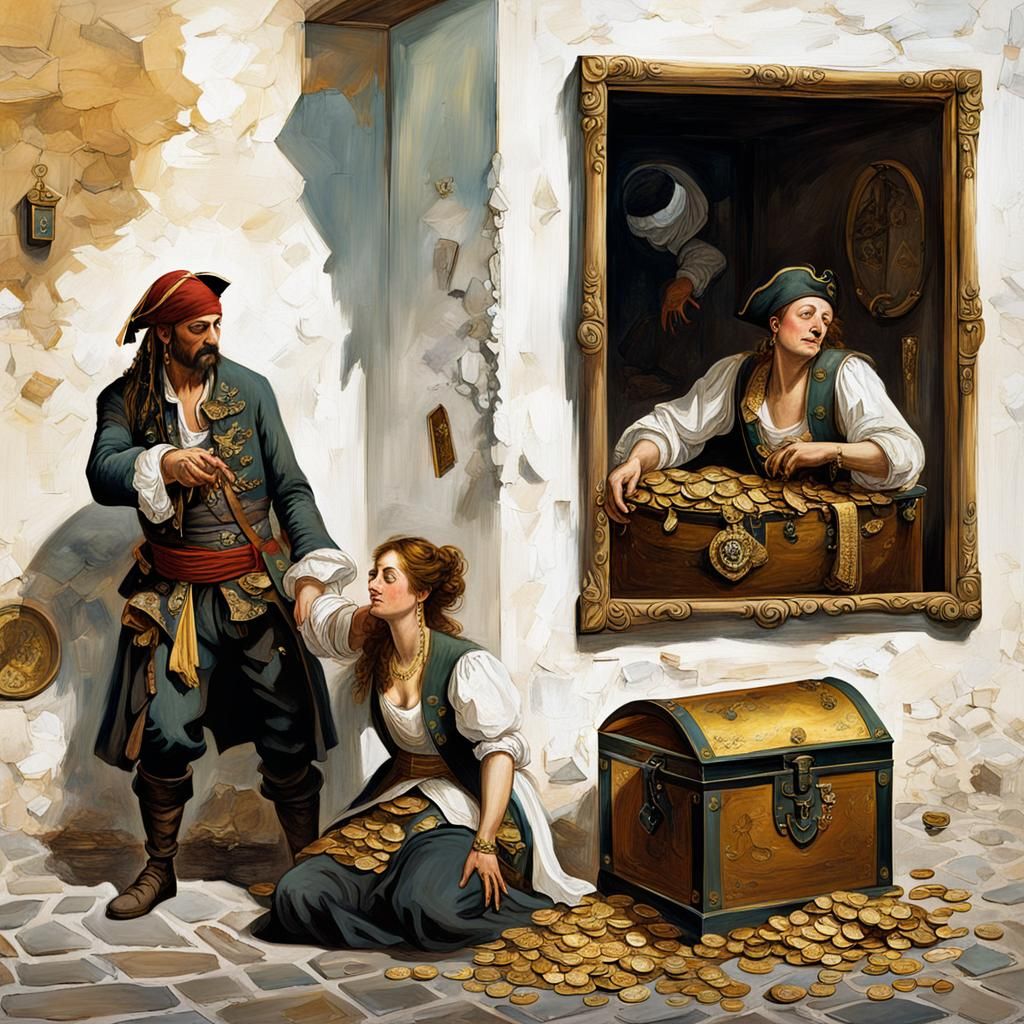 2 Paintings on a corner wall. In the first painting, a pirat...