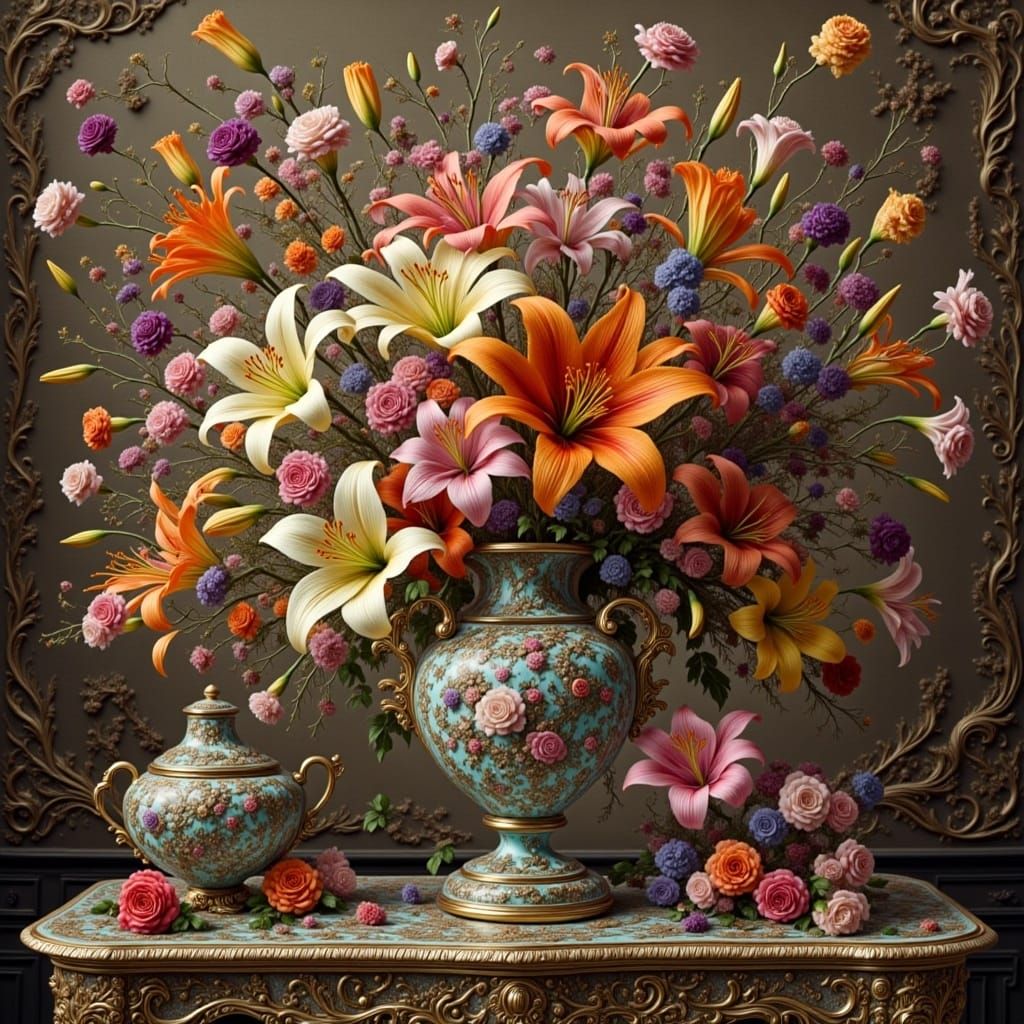 <lora:Flora Lora:1.0> a bouquet of lilies in a paisley vase, sitting on a table in an ornate study