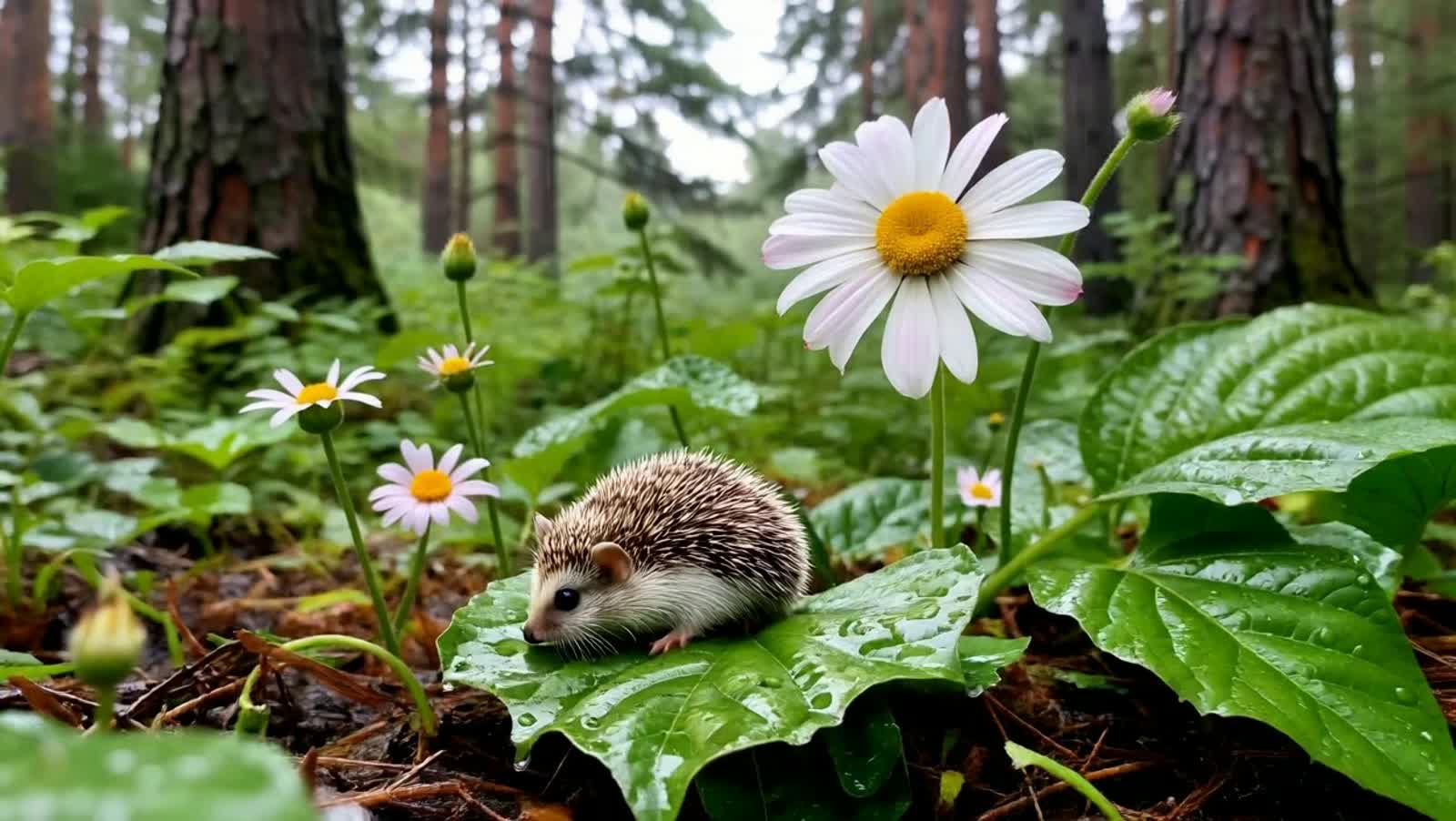 Un riccio si trova sotto un fiore perché sta piovendo ed è sopra a una foglia perché c’è molto acqua. È nel bosco
