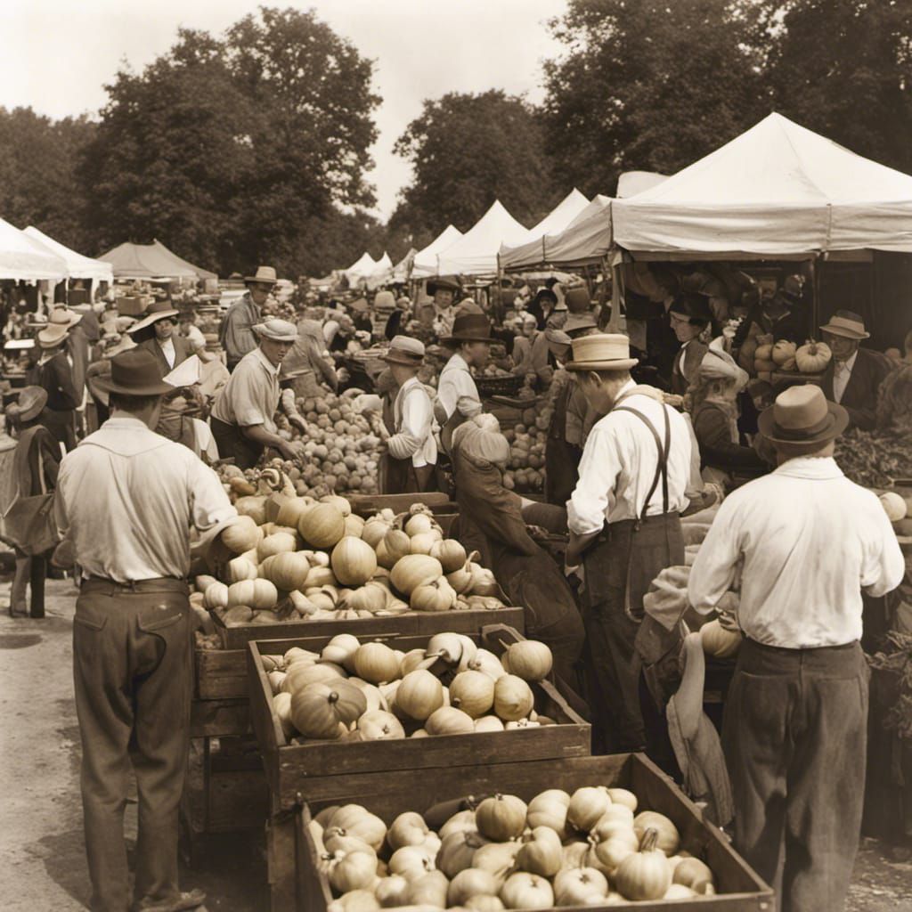 A bustling farmers market in the 1920’s, fall harvest   by @undefined