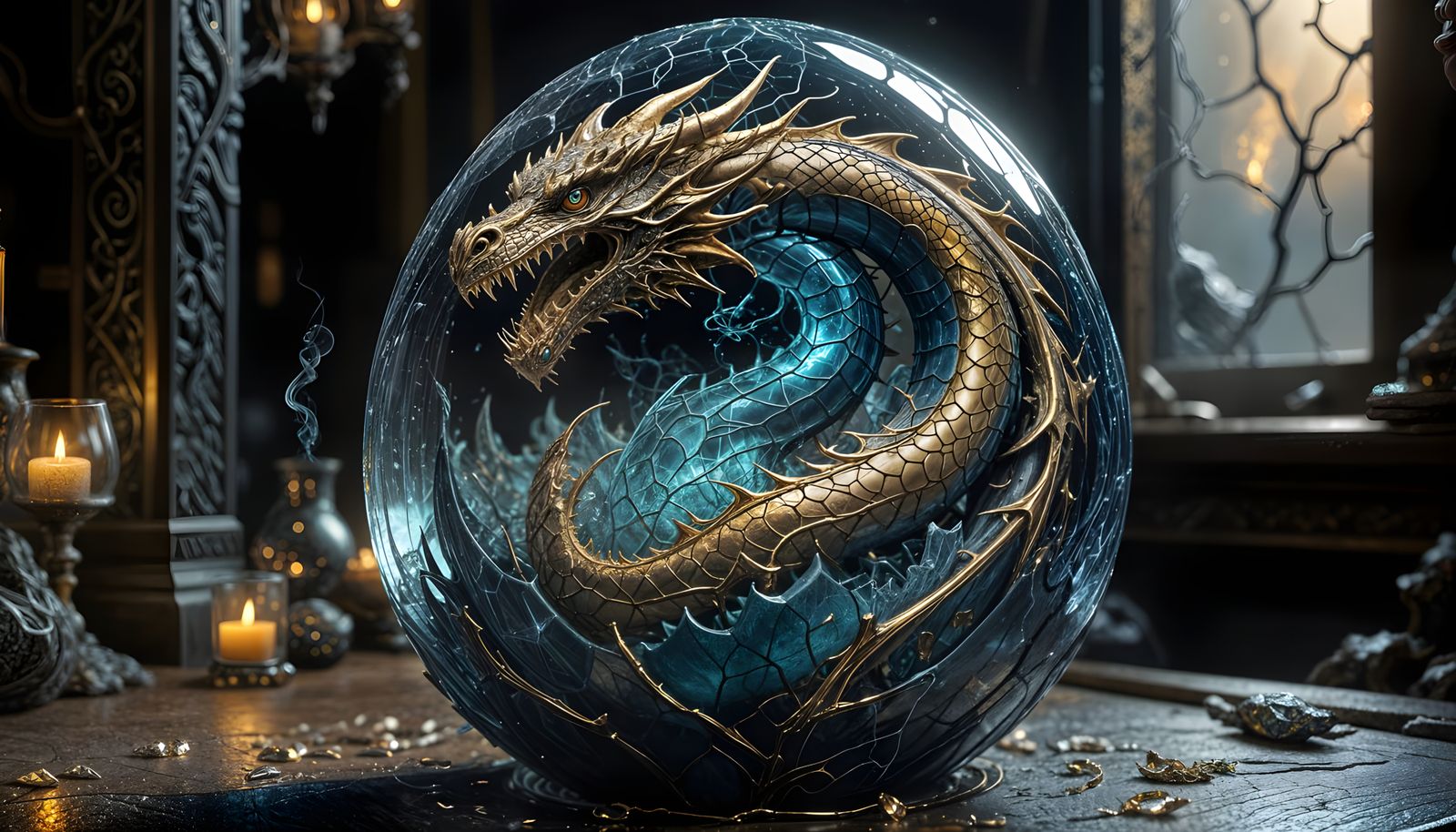 dragon inside a Transparent delicate cracked glass dragon egg, gold spiderweb fractal crack effect, 16k ...  by @KOSH