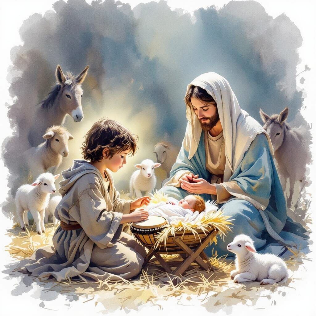 detailed colored graphite with watercolor. A humble, dark-haired young boy in tattered robe kneels and plays a small drum before the baby Je...