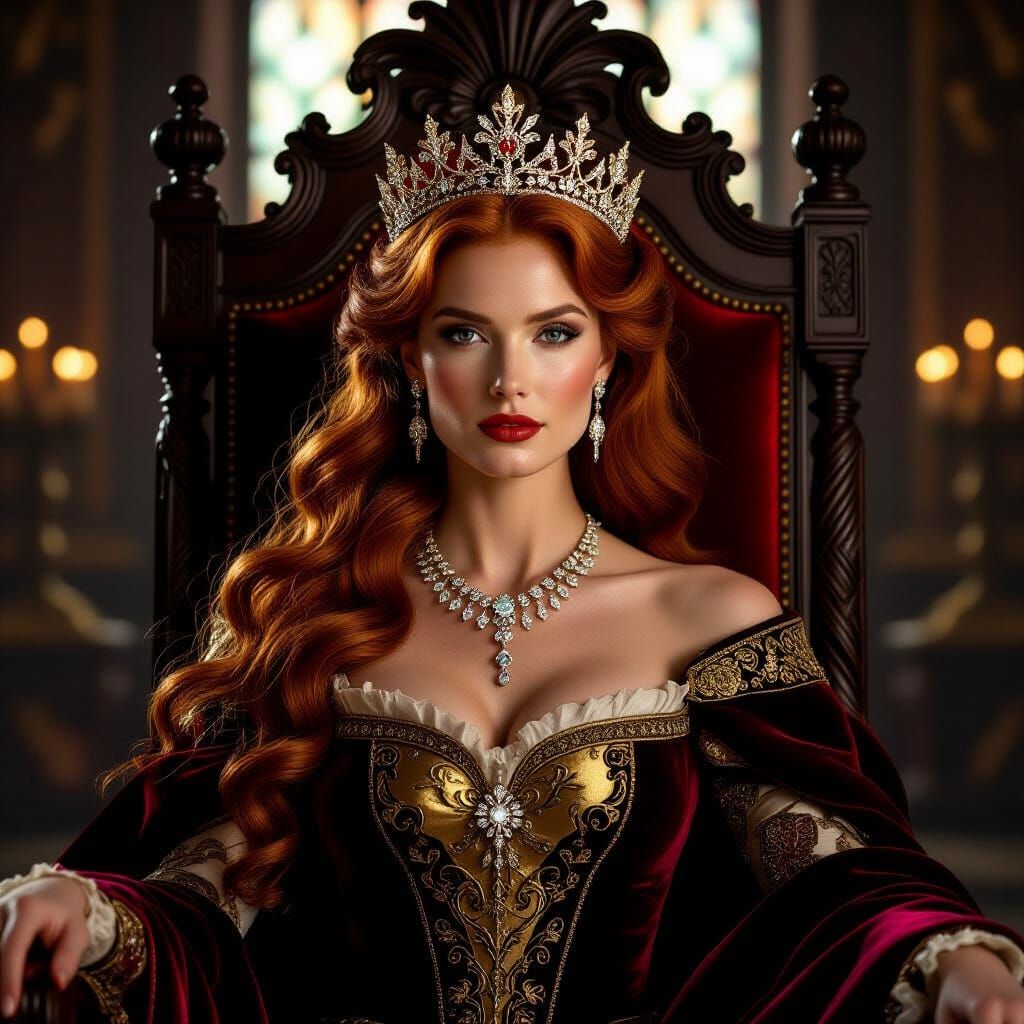 Tall majestic redhaired woman sitting on a throne wearing a golden vrown and diamond tiara  by @Spellbindet