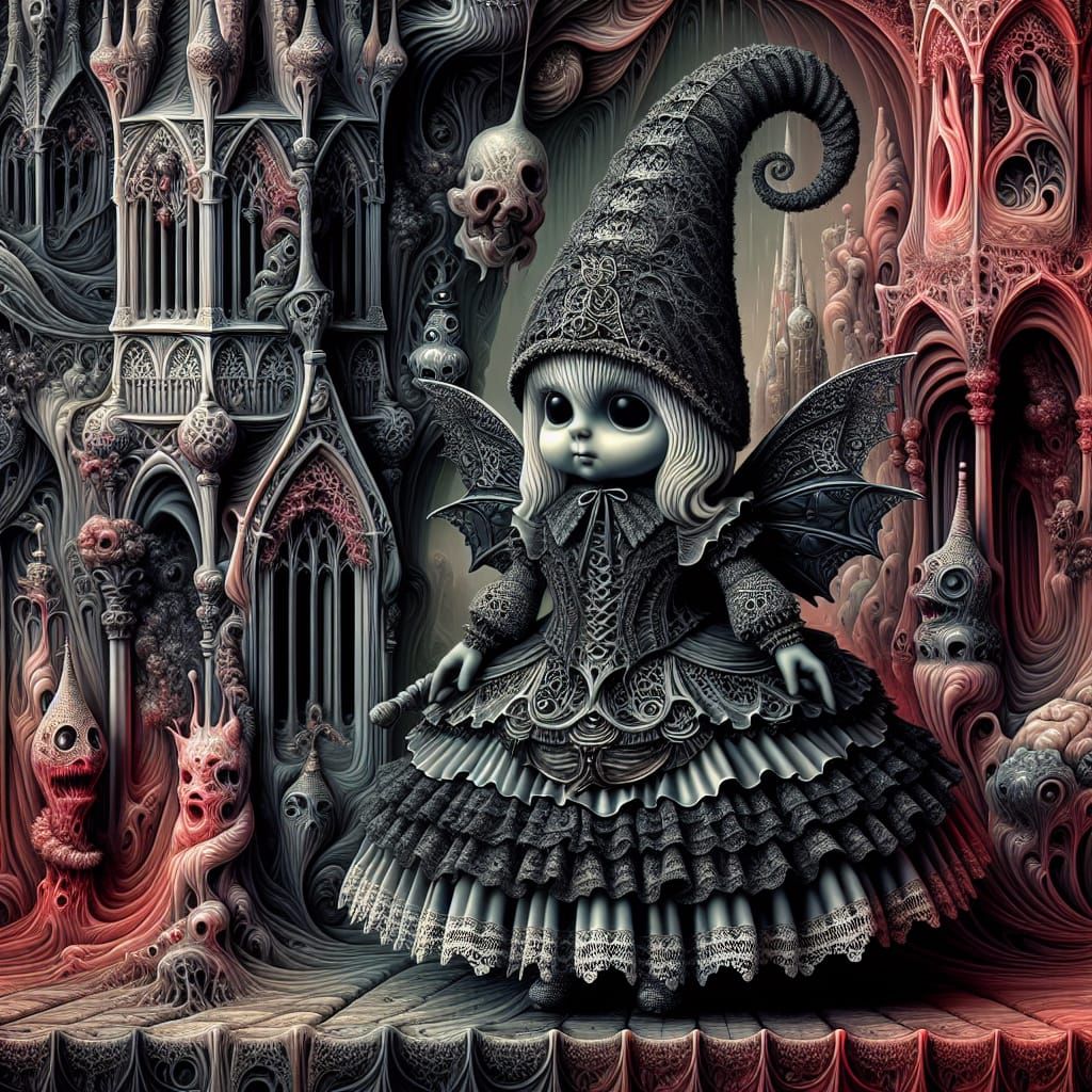 Painting, surrealism Gothic girl gnome, full body