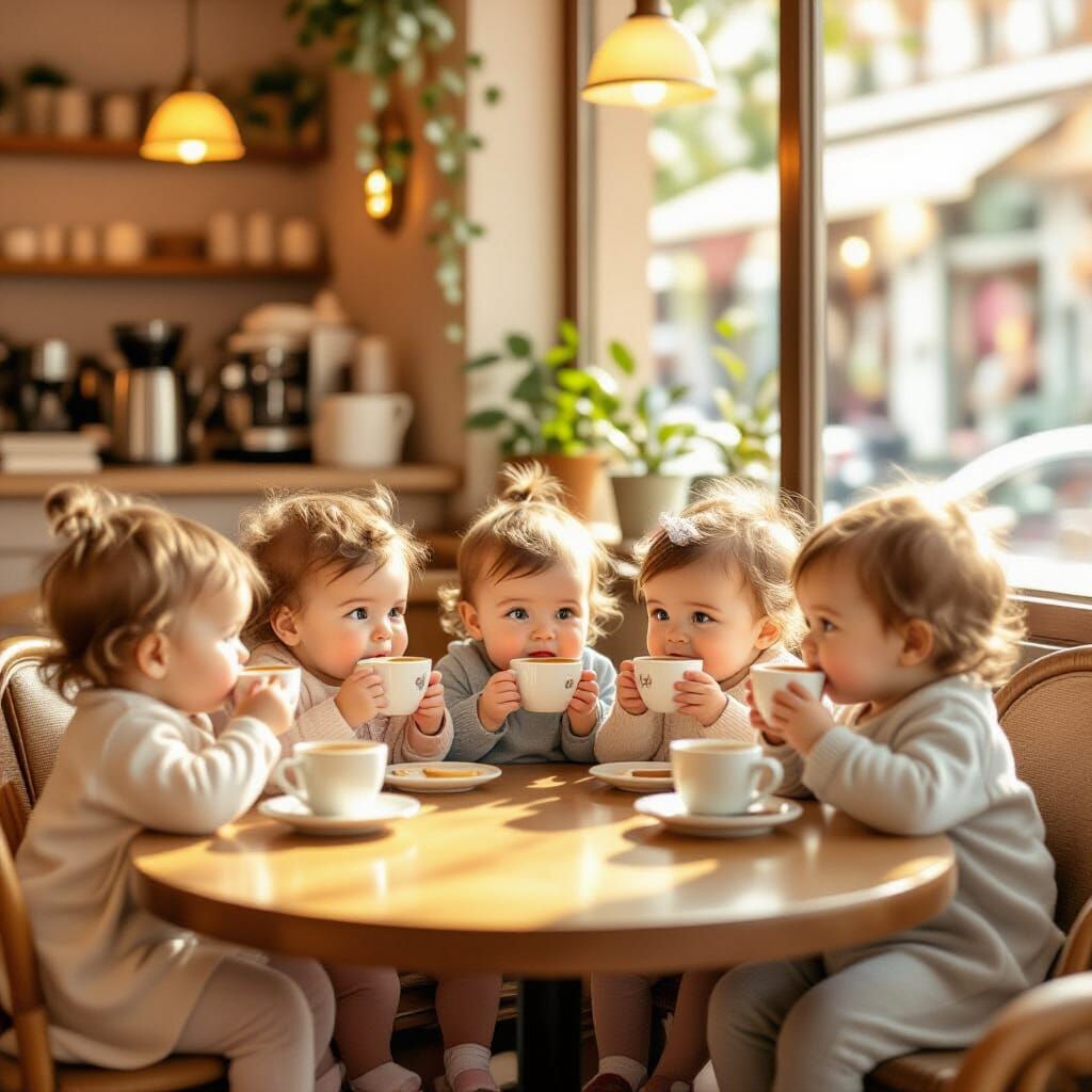 Adorable Babies Enjoy Coffee in Cozy Cafe Storybook Style