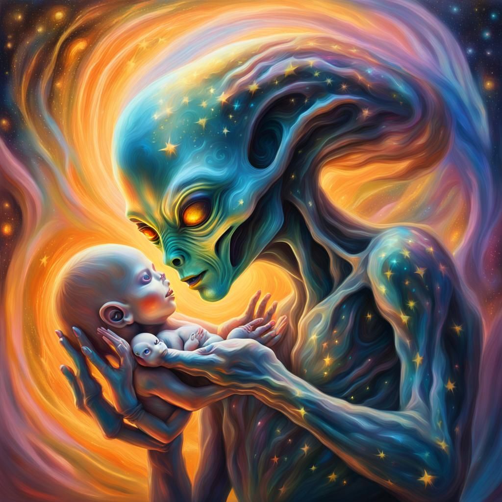 Alien Holding Baby in Surrealist Oil Painting