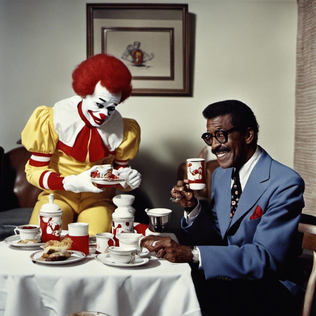 Sammy Davis Jr having tea with Ronald McDonald