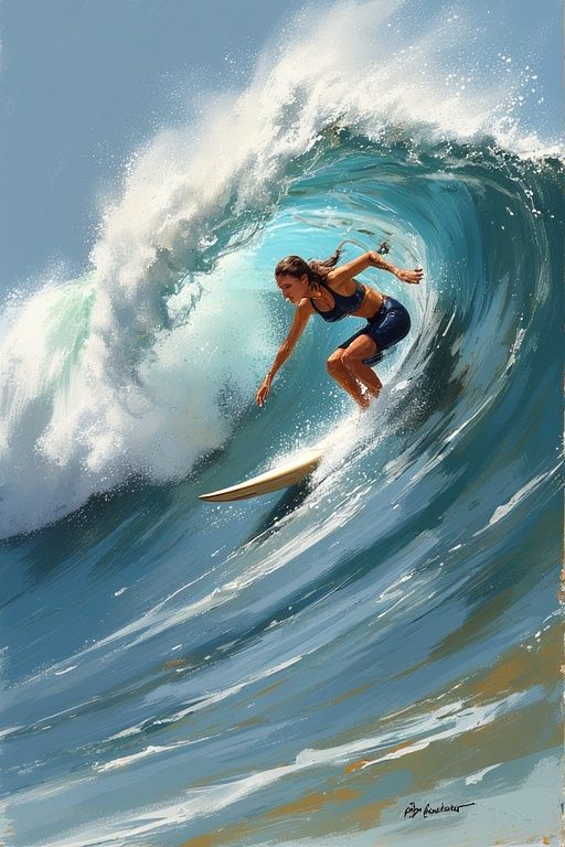FEMALE SURFER RIDING A BIG WAVE.