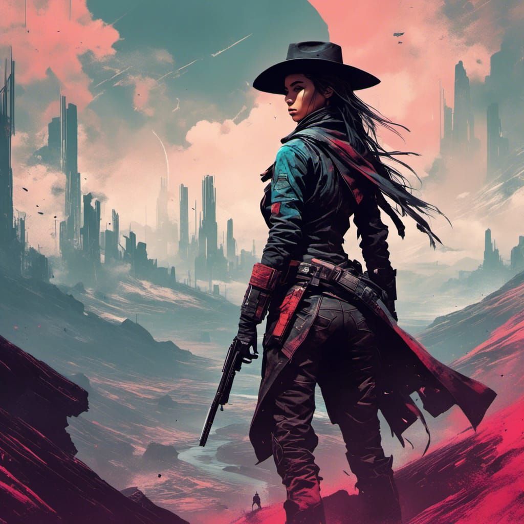 <lora:GlitchcoreSilhouette:1.0> A beautiful female Wild West gunslinger, glitchcore