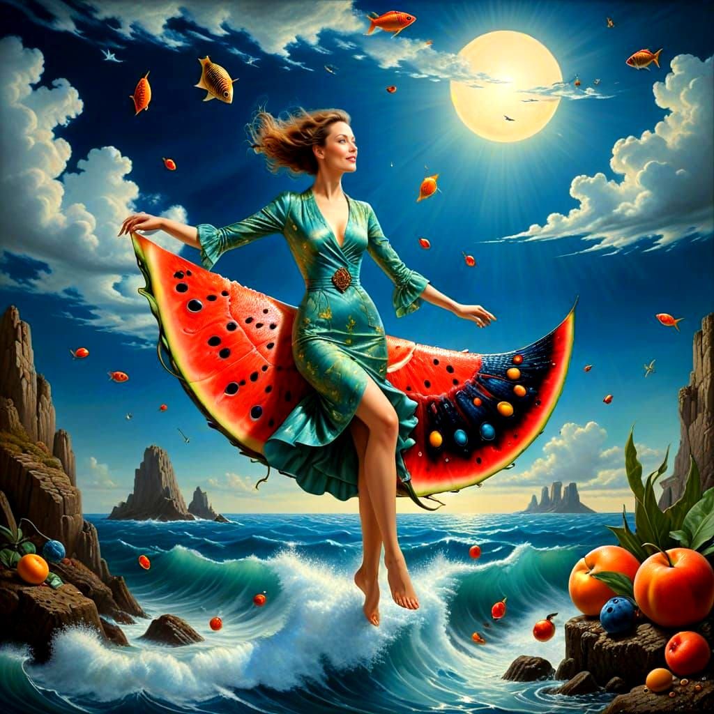 Elegant Woman in Vibrant Surrealistic Scene