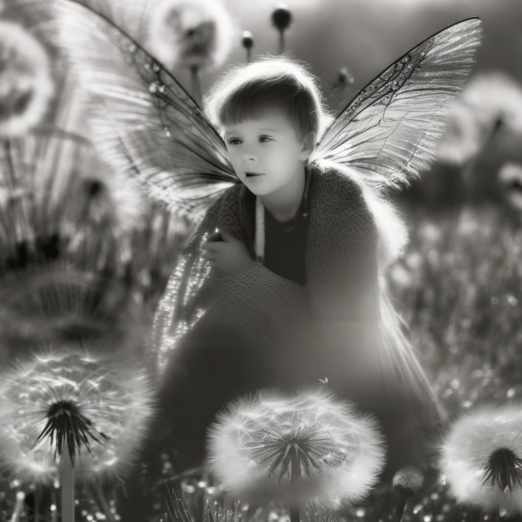 black and white and grayscale,  Dragon in an enchanted dandelion   photogrm leaves and flowers comfort her. She knows that she's more than j...