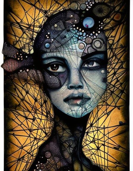 Surreal Woman Portrait with Geometric Textile Art